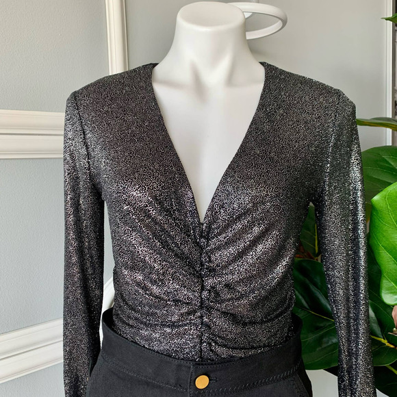 Scripted Metallic Bodysuit Long-Sleeve Black Silver Size Medium - Picture 4 of 11